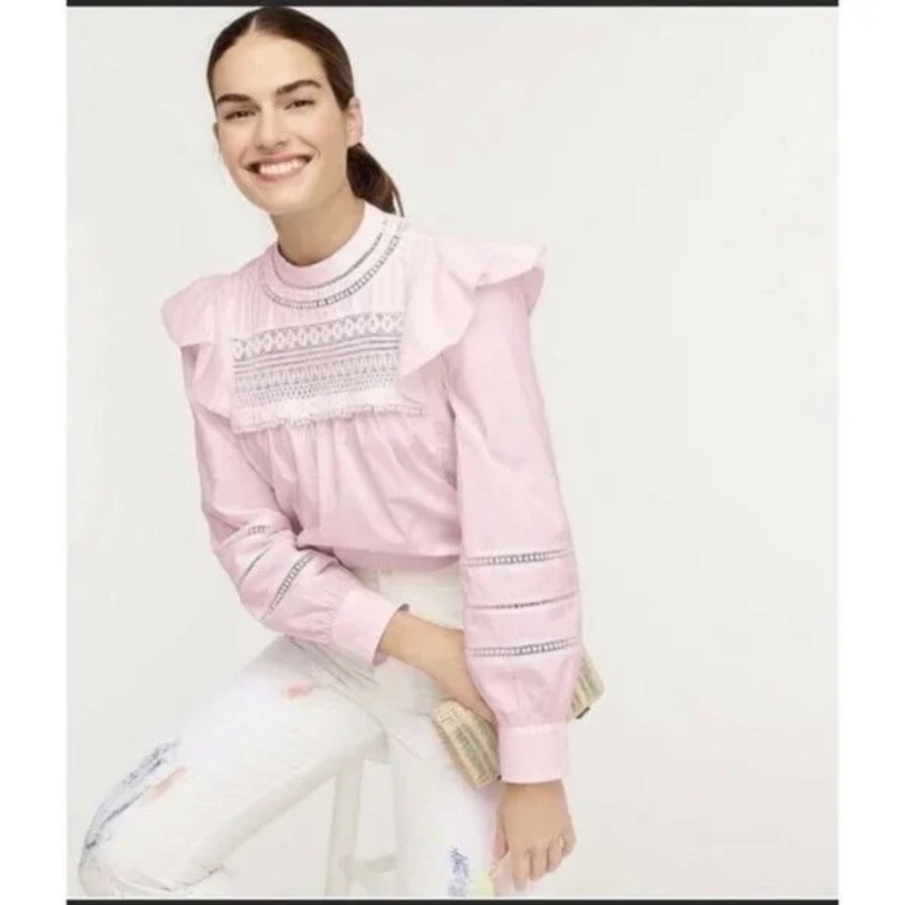 J Crew Womens Blouse Pink Long Sleeve Ruffle Lace 100% Cotton Top SZ 3X